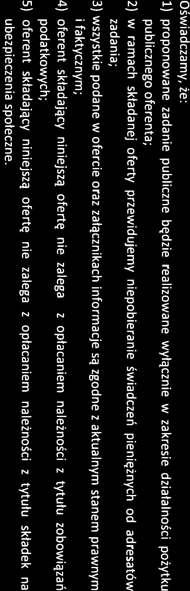 Oświadczamy, że: 1) proponowane zadanie publiczne będzie realizowane wyłącznie w zakresie działalności pożytku publicznego oferenta; 2) w ramach składanej