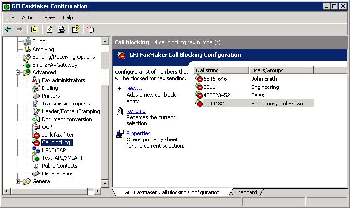 Screenshot 86: Reguły blokowania połączenia 1. W oknie GFI FaxMaker Configuration przejdź do węzła Advanced > Call blocking. 2. Kliknij przycisk New.