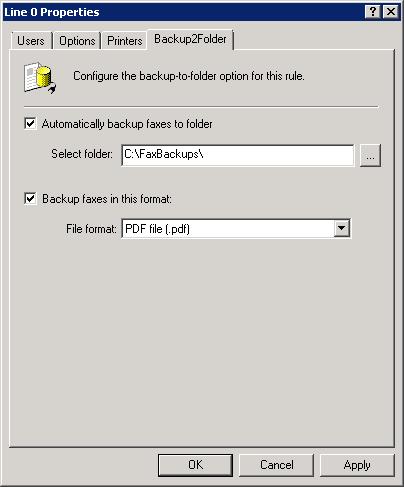 Screenshot 108: Automatycznie twórz kopie zapasowe faksów 1. W oknie dialogowym właściwości reguł kierowania wybierz kartę Backup2Folder. 2.