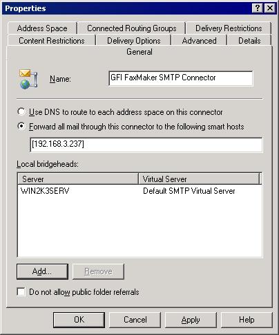 przyciskiem myszy opcję Connectors. 2. Wybierz opcję New > SMTP Connector. Screenshot 3: Określanie adresu IP / nazwy komputera programu GFI FaxMaker 3.