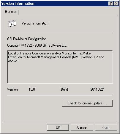 Screenshot 114: informacje o wersji programu GFI FaxMaker 9.