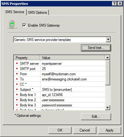 Niestandardowy dostawca usługi wiadomości SMS wysyłanych za pośrednictwem Internetu Skonfiguruj następujące ustawienia bramy SMS podczas korzystania z Internetowej usługi wysyłania wiadomości SMS,