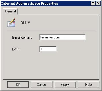 Screenshot 5: Określanie domeny faxmaker.com 9. W oknie dialogowym Internet Address Space Properties wpisz wartość faxmaker.com w polu tekstowym E-mail domain. Kliknij przycisk OK.
