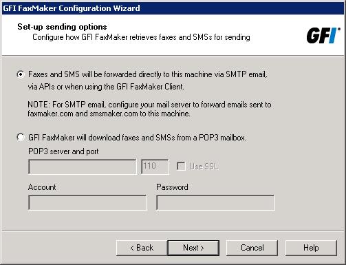 Screenshot 33: Ustawianie opcji wysyłania 3. Jeśli program GFI FaxMaker nie został zainstalowany na komputerze z programem Microsoft Exchange 2003 lub nowszym, skonfiguruj opcje serwera poczty.