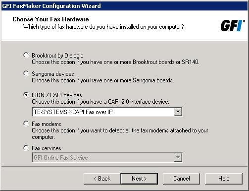 Screenshot 35: Wybieranie typu sprzętu używanego z programem GFI FaxMaker 6. Wybierz urządzenia faksowe używane w połączeniu z programem GFI FaxMaker.