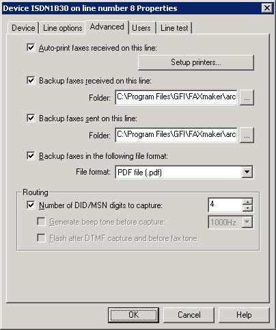 Opcja Do not dial prefix if fax number is Fax header Number of retries Retry delay Disable use of ECM if available Konfiguracja Opcja wyłącza wybieranie prefiksu, jeżeli numer faksu jest krótszy,