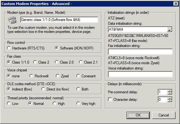Właściwości niestandardowe faksmodemu Screenshot 52: Okno Custom modem properties Dostosuj następujące opcje na podstawie specyfikacji faksmodemu: Opcja Modem type Flow control Fax class Voice