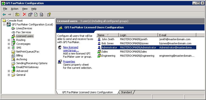 Screenshot 53: Lista użytkowników i grup programu GFI FaxMaker Lista licencjonowanych użytkowników jest dostępna z poziomu okna GFI FaxMaker Configuration w węźle Licensed Users.