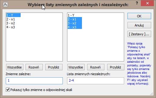 Wszystkie te (i jeszcze inne) charakteryzujące model wielkości dostajemy w sposób mniej pracochłonny wykorzystując możliwości programu Statistica.