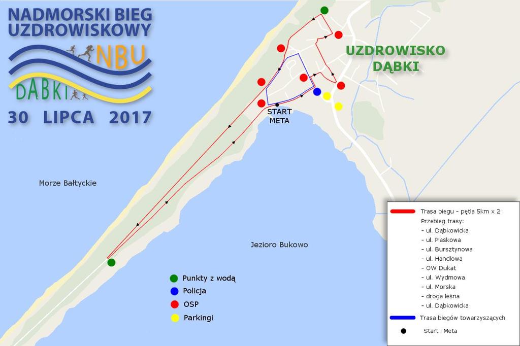 Dąbkowicka. Jedna pętla o długości 1100m. IV Nadmorski Bieg Uzdrowiskowy Dąbki 2017 - ul. Dąbkowicka, ul. Piaskowa, ul. Bursztynowa, ul. Handlowa, OW Dukat, ul. Wydmowa, ul. Morska, droga leśna, ul.