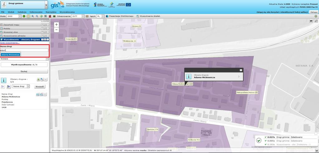 Po wyszukaniu obiektów wskazując kursorem na dany obszar w oknie wyszukiwania zostanie on podświetlony na niebiesko a po kliknięciu okno mapy zostanie