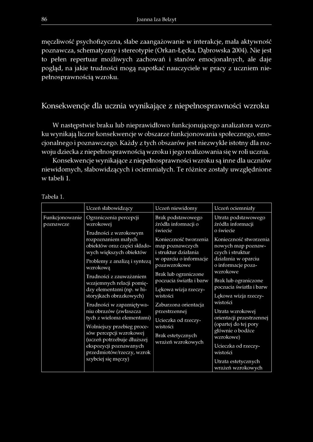 86 Joanna Iza Belzyt męczliwość psychofizyczna, słabe zaangażowanie w interakcje, mała aktywność poznawcza, schematyzmy i stereotypie (Orkan-Łęcka, Dąbrowska 2004).
