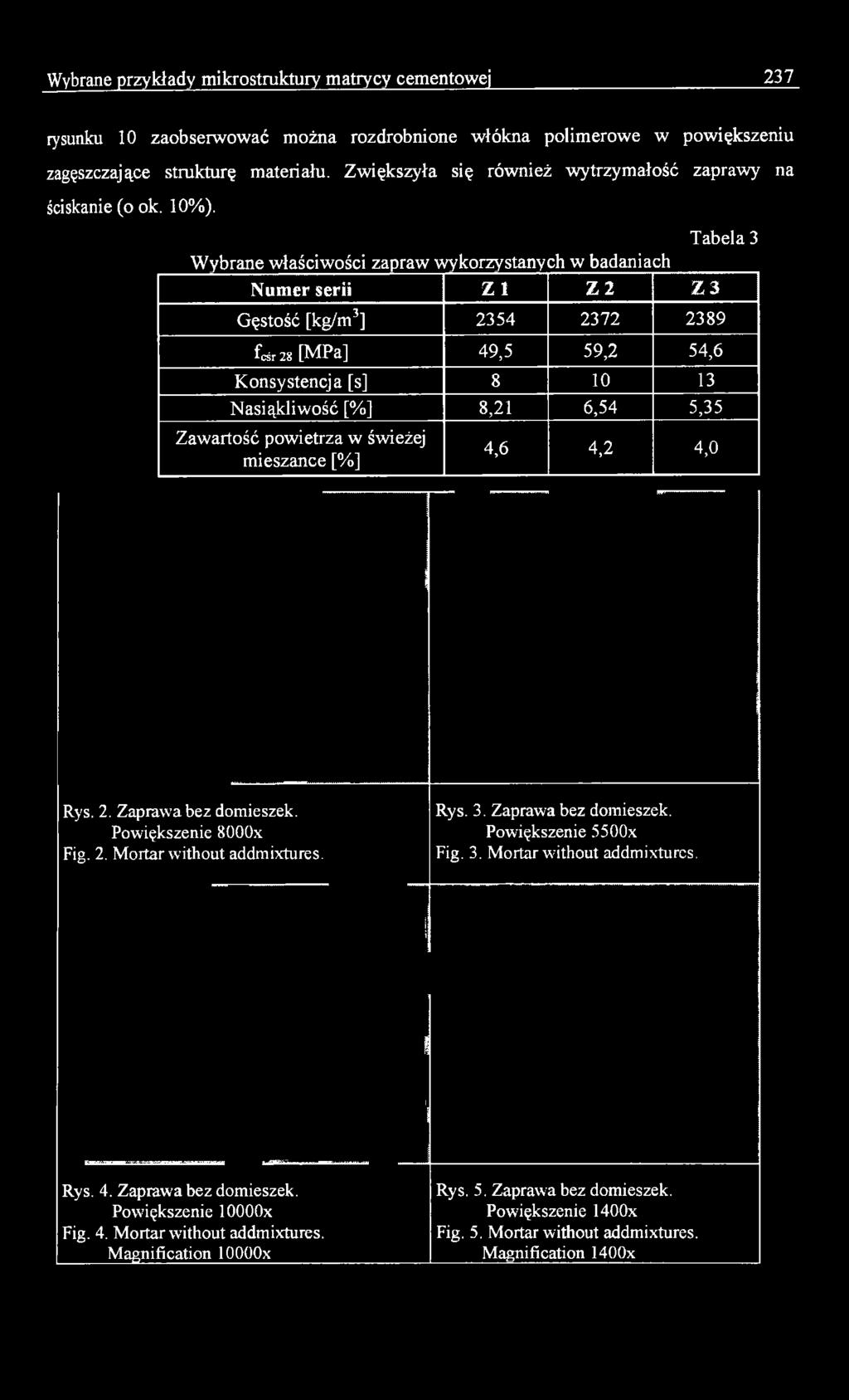 Powiększenie 8000x Fig. 2. Mortar without addmixtures. Rys. 3. Zaprawa bez domieszek. Powiększenie 5500x Fig. 3. Mortar without addmixturcs. Rys. 4.