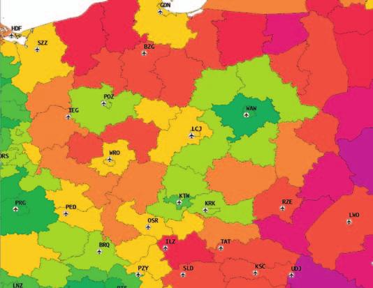 Infrastruktura transportowa Transport lotniczy Dostępność drogą powietrzną na obszarze Polski jest niska.