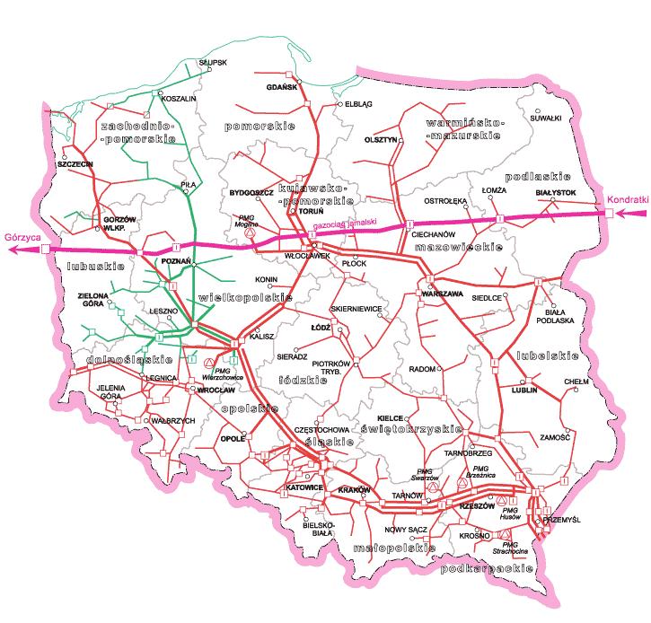 Gaz ziemny (3) krajowy system przesyłowy, bezpieczeństwo dostaw Polska sieć przesyłowa jest przede wszystkim nastawiona na transport gazu pochodzącego ze źródeł krajowych oraz z importu z kierunków