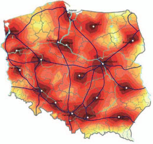 Jednak dla polityki spójności gospodarczej i dla rozwoju obszarów opóźnionych kluczowe znaczenie ma poprawa dostępności ośrodków miejskich o randze regionalnej. Rysunek 7.34.