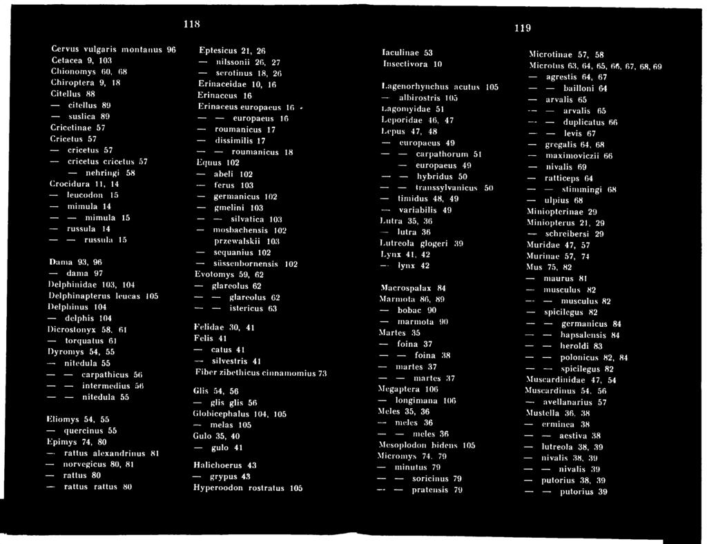 gmelini 103 silvática 103 mosbachensis 102 przew alskii 103 sequanius 102 süssenbornensis 102 Evotomys 59, 62 glareolus 62 glareolus 62 istericus 63 Felidae 30, 41 Felis 41 catus 41 silvestris 41