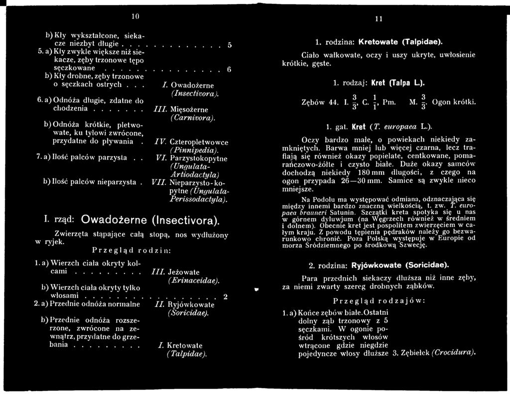 a) Przednie odnóża normalne II. Ryjówkowate (Soricidae). b) Przednie odnóża rozszerzone, zwrócone na zewnątrz, przydatne do grzebania... I Kretowate ( Talpidae). * 11 1. rodzina: Kretowate (Talpidae).