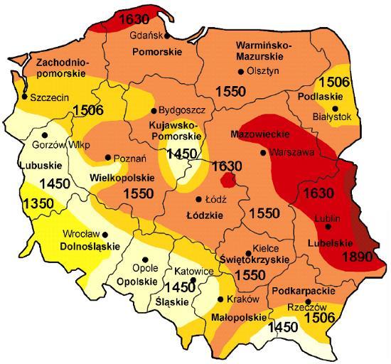 Rys. 15. Średnioroczne sumy usłonecznienia dla reprezentatywnych rejonów Polski [h/rok] Rys. 16.