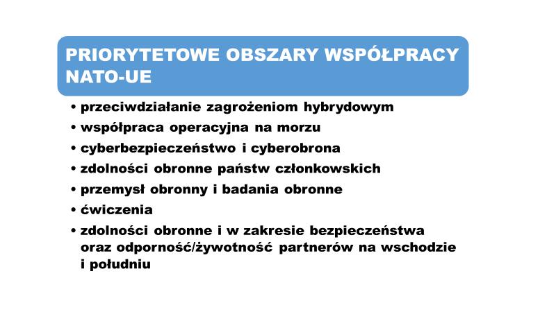 Szkic 9. Priorytety współpracy NATO-UE W grudniu 2016 r. NATO i UE zatwierdziły wspólnie przygotowane konkretne propozycje implementacyjne. 7 Ich treść zawiera załącznik nr 1.