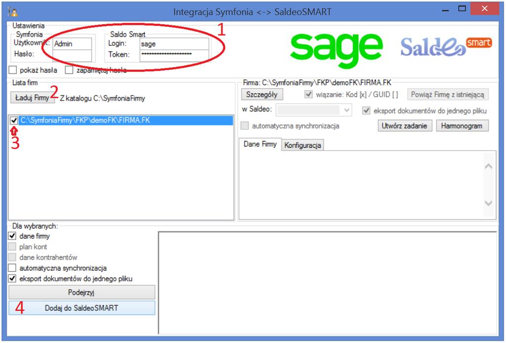 Rysunek 6 Tworzenie nowych firm w SaldeoSMART - Sage.PL.Saldeo.IntegrationTool.exe W kolejnych krokach: 1) Podajemy dane potrzebne do zalogowania w Firmie Symfonii oraz w SaldeoSMART. UWAGA!