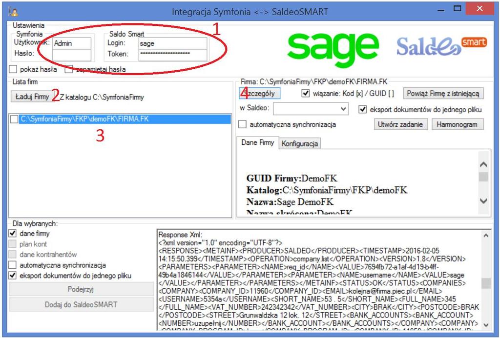 Rysunek 8 Łączenie z Firmą w SaldeoSMART W kolejnych krokach: 1) Podajemy dane potrzebne do zalogowania w Firmie Symfonii oraz w SaldeoSMART. UWAGA!