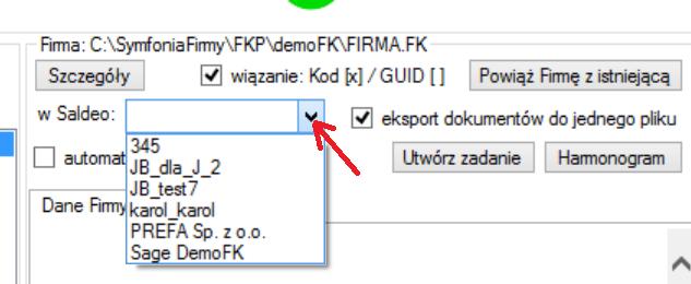 2) Wybieramy katalog, w którym znajdują się firmy Symfonii 3) Zaznaczamy (podświetlenie) firmę, którą chcemy połączyć z firmą w SaldeoSMART.