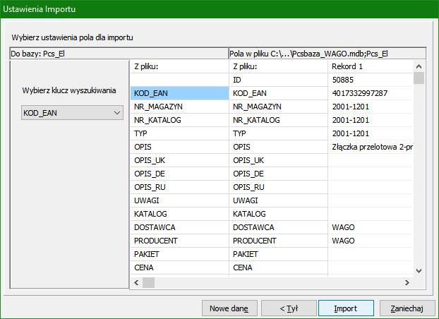 W następnym oknie określasz domyślny Klucz wyszukiwania dla importu. Domyślnie jest to KOD_EAN. Jeżeli program wyświetli inny klucz, zmień go na wartość KOD_EAN.
