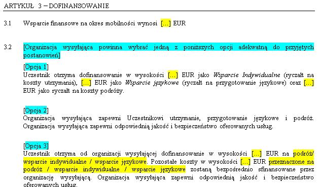 WARUNKI SZCZEGÓLNE Artykuł 3 Dofinansowanie osoba ucząca się