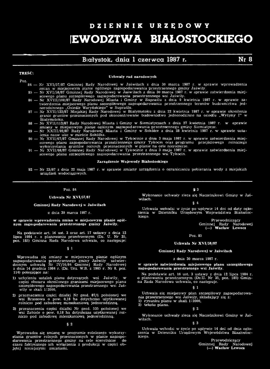 87 Nr XVII/122/87 Miejskiej Rady Narodowej w Białymstoku z dnia 22 kwietnia 1987 r.