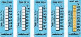 33951 Samoprzylepne folie z elementami czułymi na ciepło W ciągu 1 sek następuje nieodwracalna zmiana koloru Dokładność do +150 C: +/-1,5 C, od +150 C: +/-1% danej wartości temperatury Praktyczny