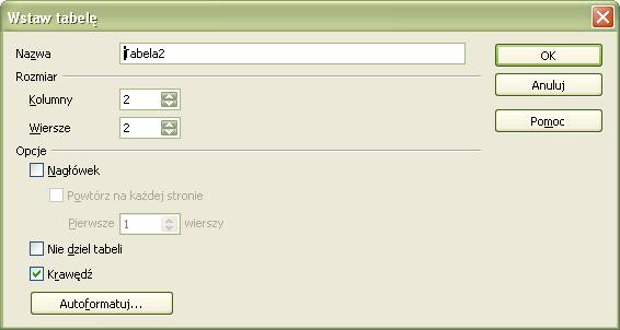 Obiekty Tabelki Tworzenie tabelki - Wstaw -> tabela -