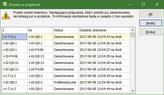 ZMIANY W PROJEKCIE Jeżeli ktoś dokona zmian w projekcie i będą obejmowały one połączenia, które zostały już wykonane, wtedy podczas otwierania Asystenta Montażowego wyświetlone zostanie okno