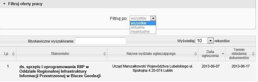 Rys.19 Lista ofert pracy Aby przejść do szczegółów wybranej oferty należy kliknąć link z nazwą stanowiska Rys. 20. Rys. 20 Szczegóły wybranej oferty pracy 2.17.