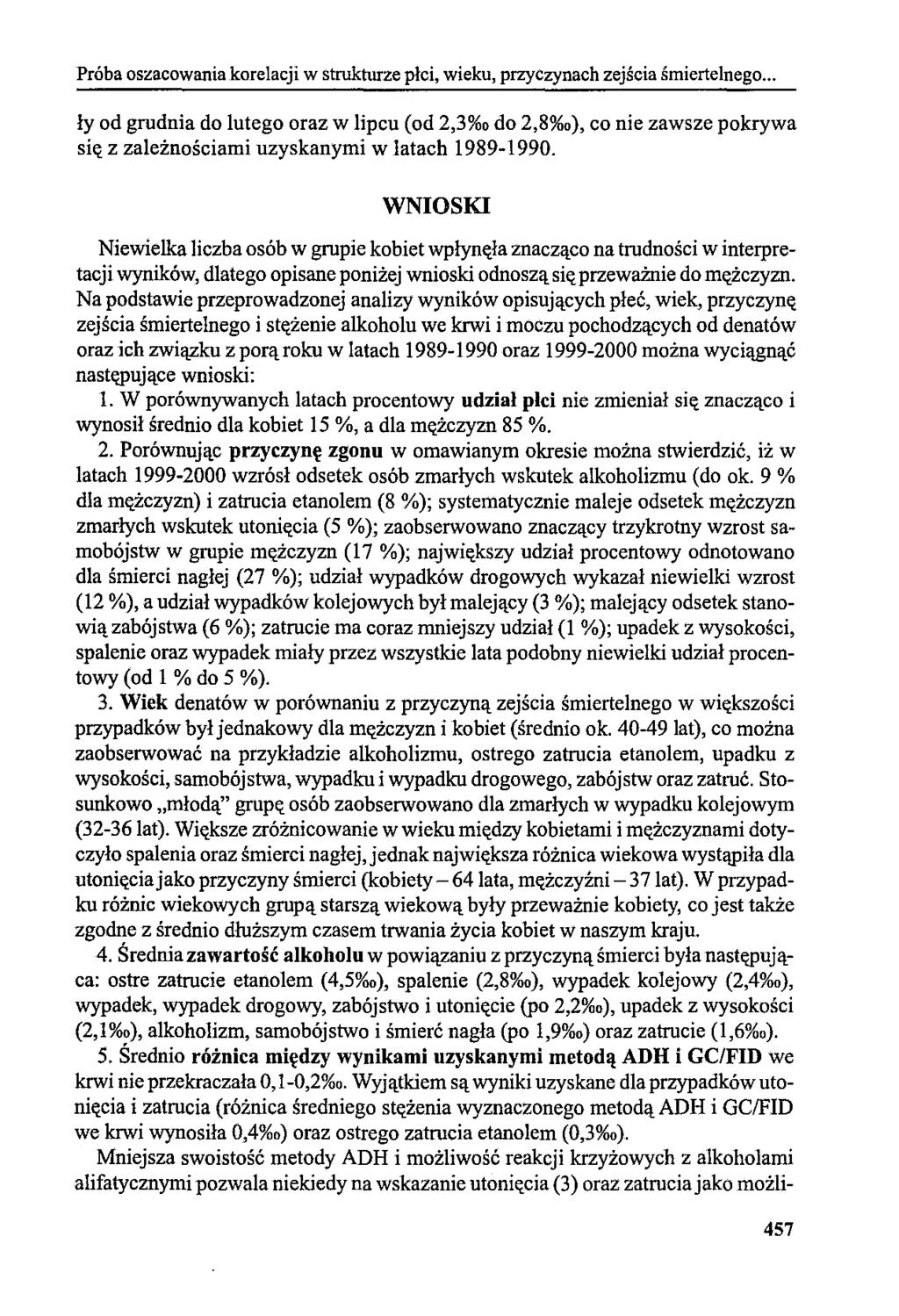 Próba oszacowania korelacji w strukturze pici, wieku, przyczynach zejścia śmiertelnego.