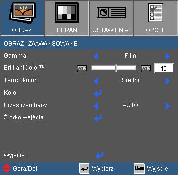 Elementy sterowania użytkownika OBRAZ Zaawansowane Gamma Ustawienie to umożliwia wybór tabeli korekcji gamma, z dokładnymi wartościami umożliwiającymi uzyskanie najlepszej jakości wejścia obrazu.