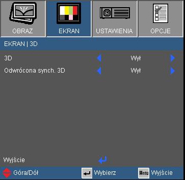 Elementy sterowania użytkownika WYŚWIETLANIE 3D 3D Opcje IR mogą się różnić w zależności od modelu. Odwrócona synch.