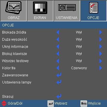 Elementy sterowania użytkownika OPCJE Aby wyłączyć blokadę keypada, naciśnij i przytrzymaj przycisk Wprowadź na projektorze przez 5 sekund.