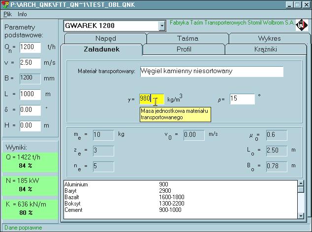 Okno programu QNK składa się z: belki systemowej programu, menu użytkownika, okien danych oraz okien podstawowych danych i wyników.