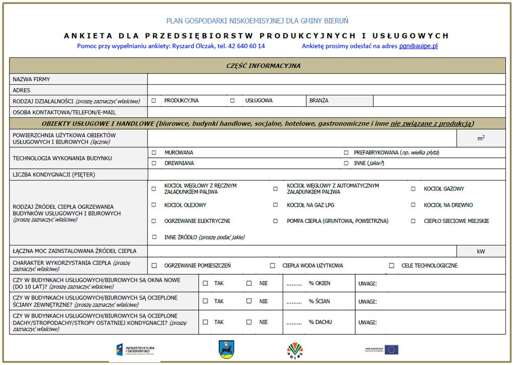 Ankieta dla przedsiębiorstw produkcyjnych i usługowych: PLAN GOSPODARKI