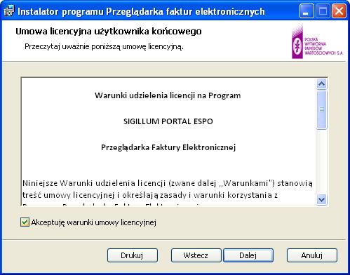 Jest możliwość jej wydrukowania dzięki przyciskowi Drukuj. Warunkiem kontynuacji instalacji jest zaznaczenie pozycji: Akceptuję warunki umowy licencyjnej.