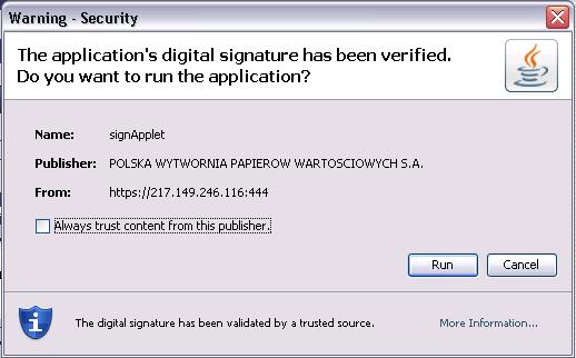 pojawić się okno zabezpieczeń Java z pytaniem o zaufanie wydawcy POLSKA