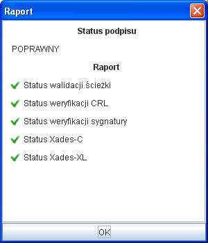 Wybranie przycisku Weryfikuj podpis spowoduje wyświetlenie raportu