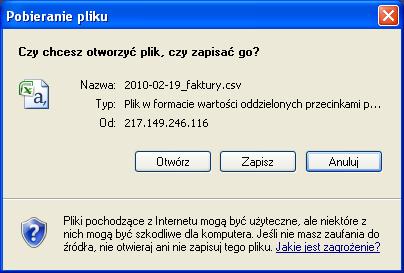 - Eksportuj listę do pliku Excel Po kliknięciu na ikonę lewym przyciskiem myszy otworzy się okno z możliwością otwarcia bądź zapisania pliku.