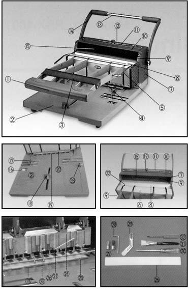 BINDOWNICA RBX-60 Bindownica do oprawy drutowej ELEMENTY URZĄDZENIA 21. Elementy dziurkujące 22. Obudowa tylna 23. Pokretło przemieszczające blat 24. Gniazdo na pojedyńczy element dziurkujący 25.