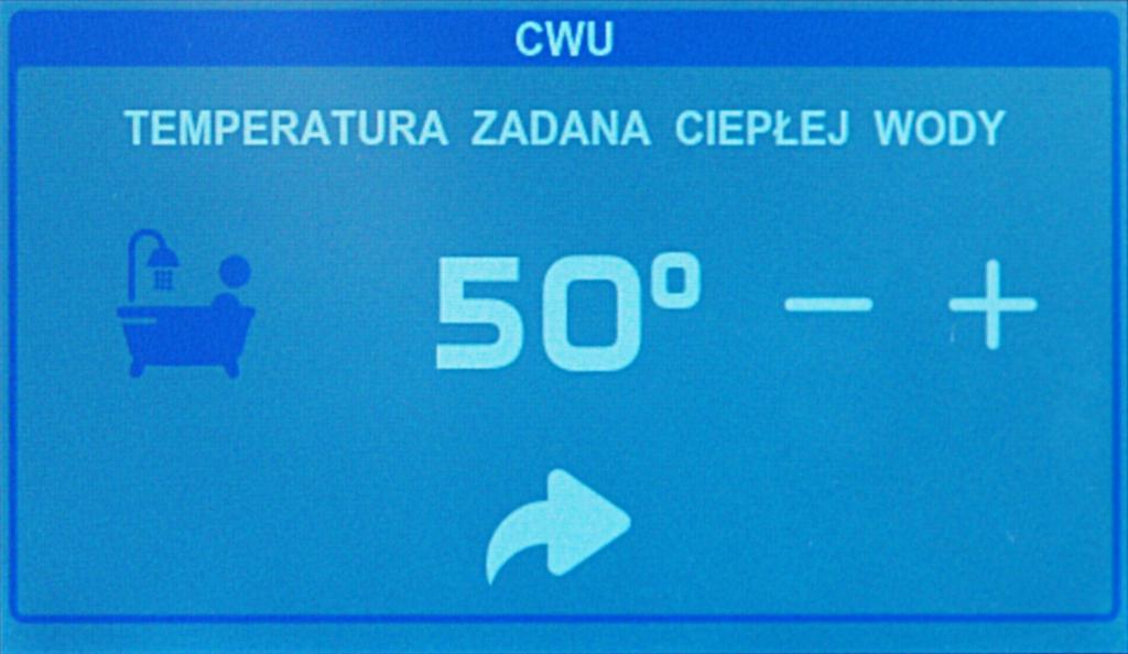 3.1 CWU Po naciśnięciu ikony CWU regulator wyświetla ekran na którym można zmienić temperaturę zadaną CWU. 11 22 33 44 Znaczenie pól na ekranie: 1. Temperatura zadana CWU. 2. Zmniejszanie temperatury zadanej CWU.