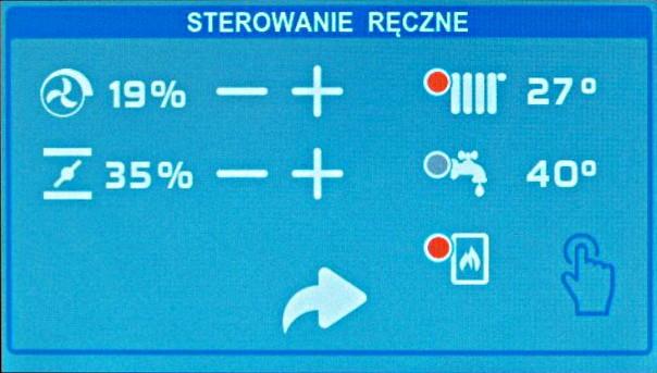 3.4 Sterowanie ręczne Aby przejść do sterowania ręcznego należy nacisnąć MENU na głównym ekranie (pozycja 1, str 6), a następnie wybrać opcję RĘCZNIE.