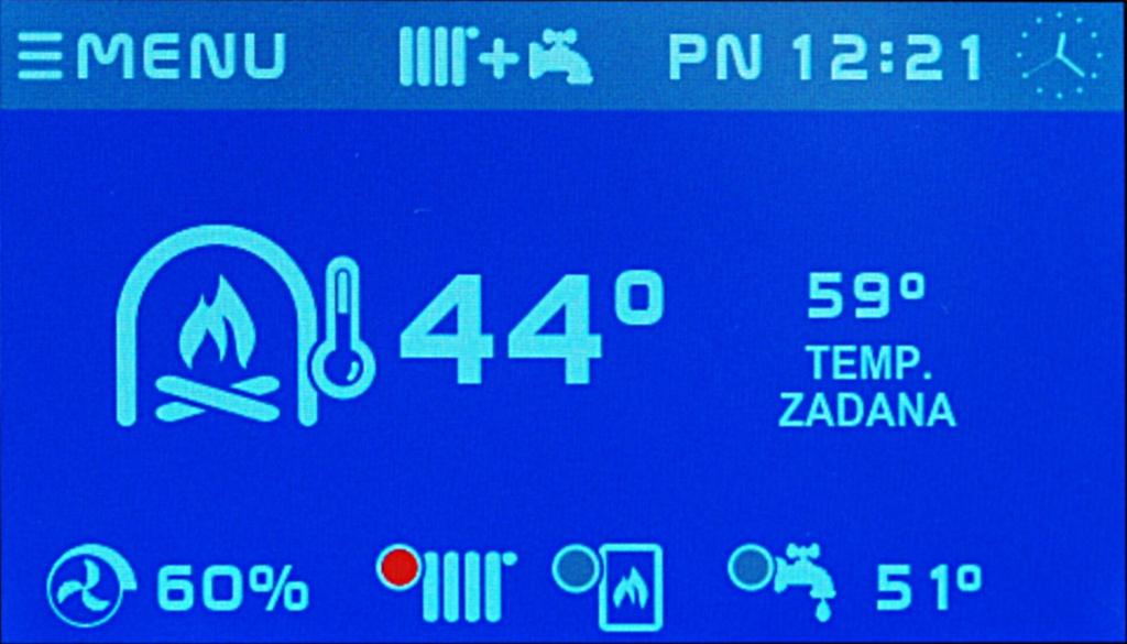 2.2 Główny ekran 11 22 33 44 55 13 13 66 1212 1111 10 10 99 88 77 Znaczenie pól na ekranie: 1. Menu. 2. ZIMA / LATO. 3. Dzień tygodnia 4. Zegar cyfrowy. 5. Zegar analogowy. 6. Temperatura zadana kominka.