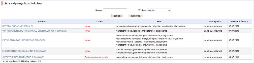 Każdy wykładowca widzi wyłącznie swoje protokoły oraz protokoły prowadzącego, który wyznaczył go na swojego asystenta (jeśli został wyznaczony).