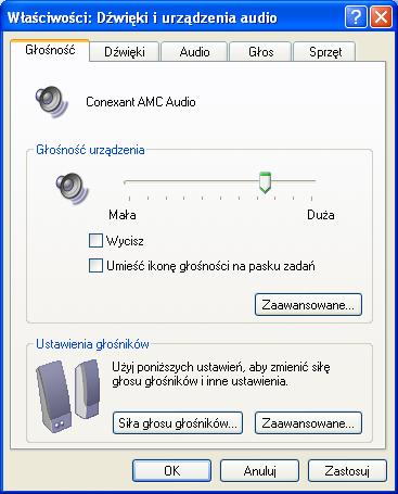 5. Po wybraniu ikony Dźwięki i urządzenia audio mamy możliwość zmiany głośności. Opcję Wycisz pozostawiamy pustą.